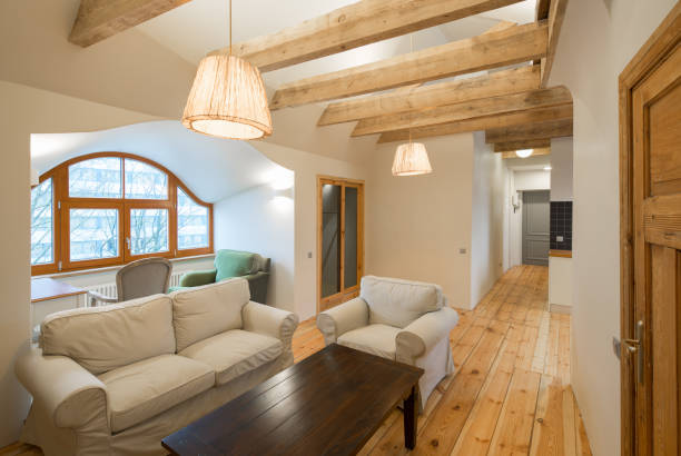 Wooden design. villa with wooden floors, ceilings and furniture. Modern interior.